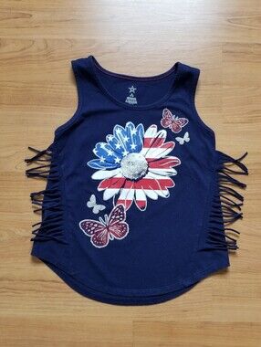 Girls' Navy Tank Top with Flag Daisy & Butterfly Print -